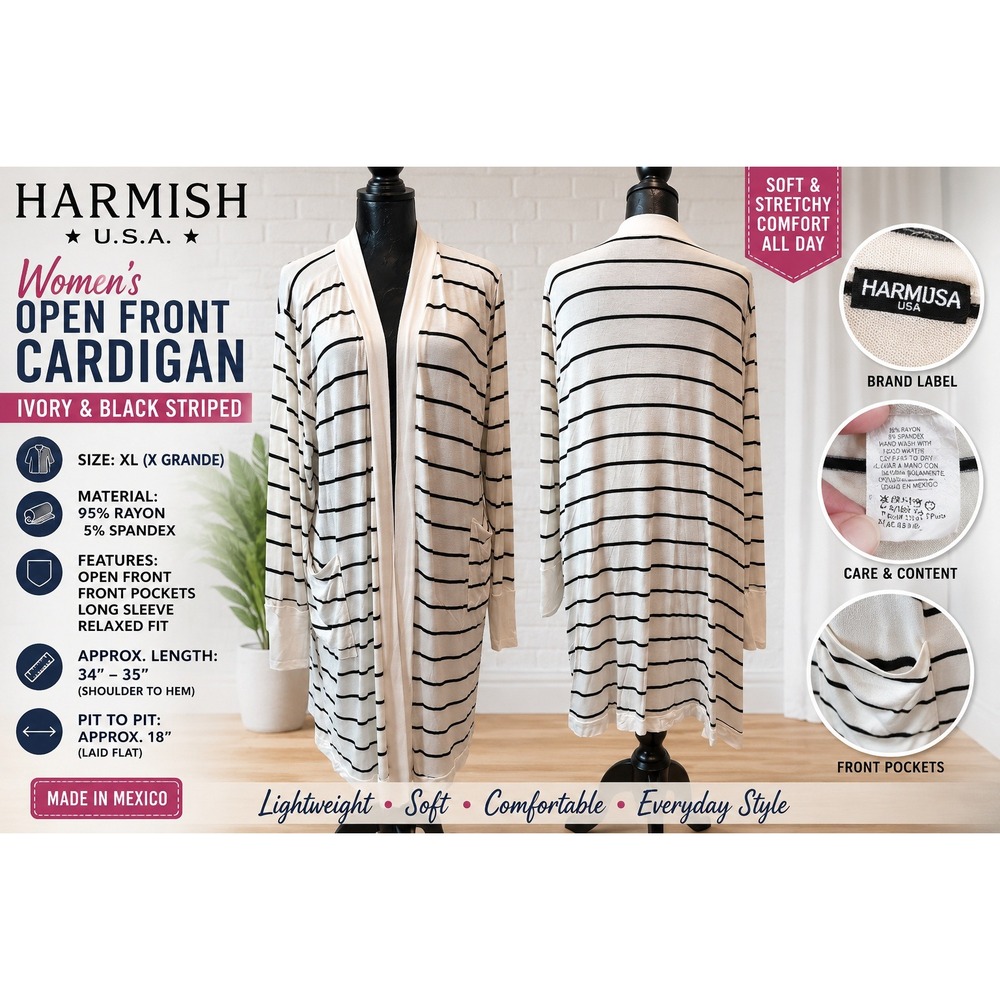 Heimish USA Women XL Open Front Cardigan Ivory Black Striped SJ1057-12 PLUS